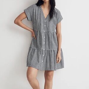 Madewell Cuff-Sleeve Button-Front Tiered Mini Dress in Gingham Check, Size M
